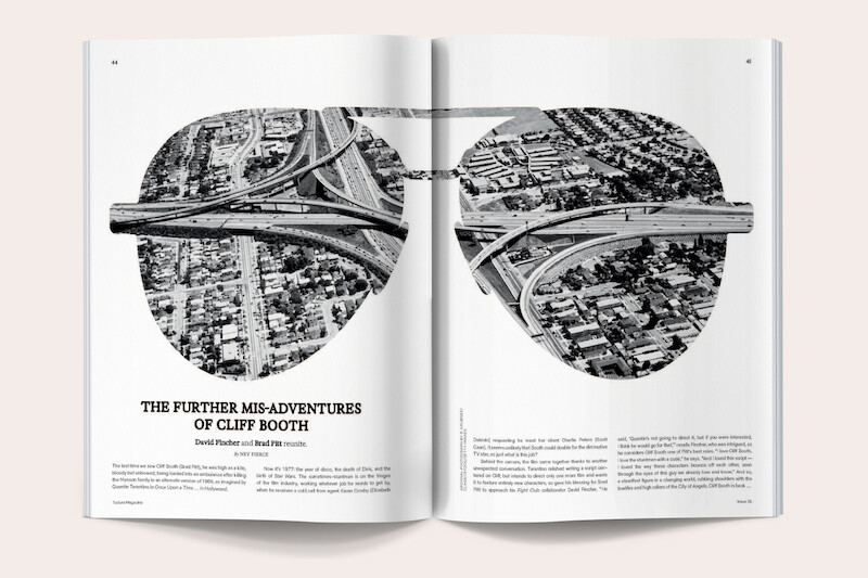 Magazine spread showing a black-and-white aerial photo of freeway interchanges shaped like sunglasses, with text below titled "The Further Mis-Adventures of Cliff Booth" and columns of article text on a white background.