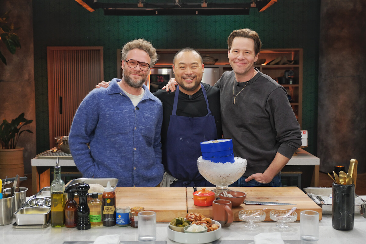 Seth Rogen, David Chang, and Ike Barinholtz in ‘Dinner Time Live with David Chang’.
