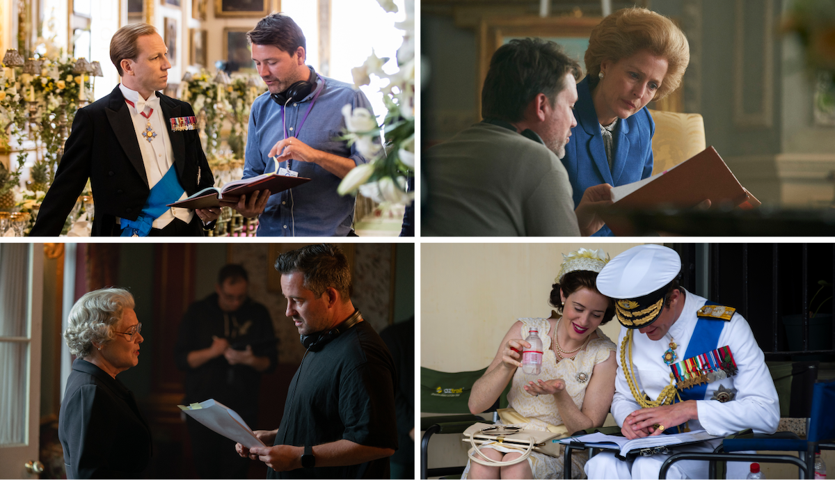 Collage of 4 behind the scenes photos showing actors reading scrips on the set of ‘The Crown’
