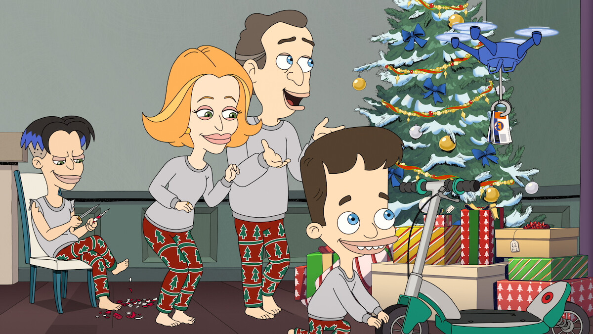 An animated family celebrating around a christmas tree.