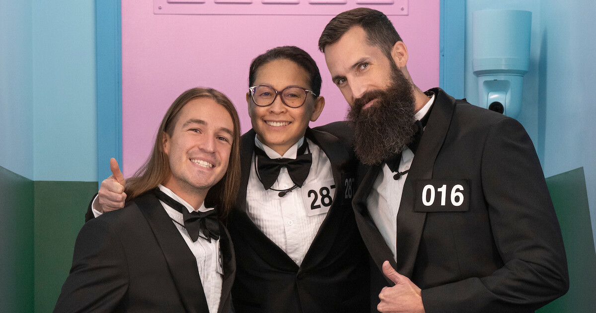'Squid Game: The Challenge' finalists Phillip Cain (451), Mai Whelan (287), and Samuel Wells (016).