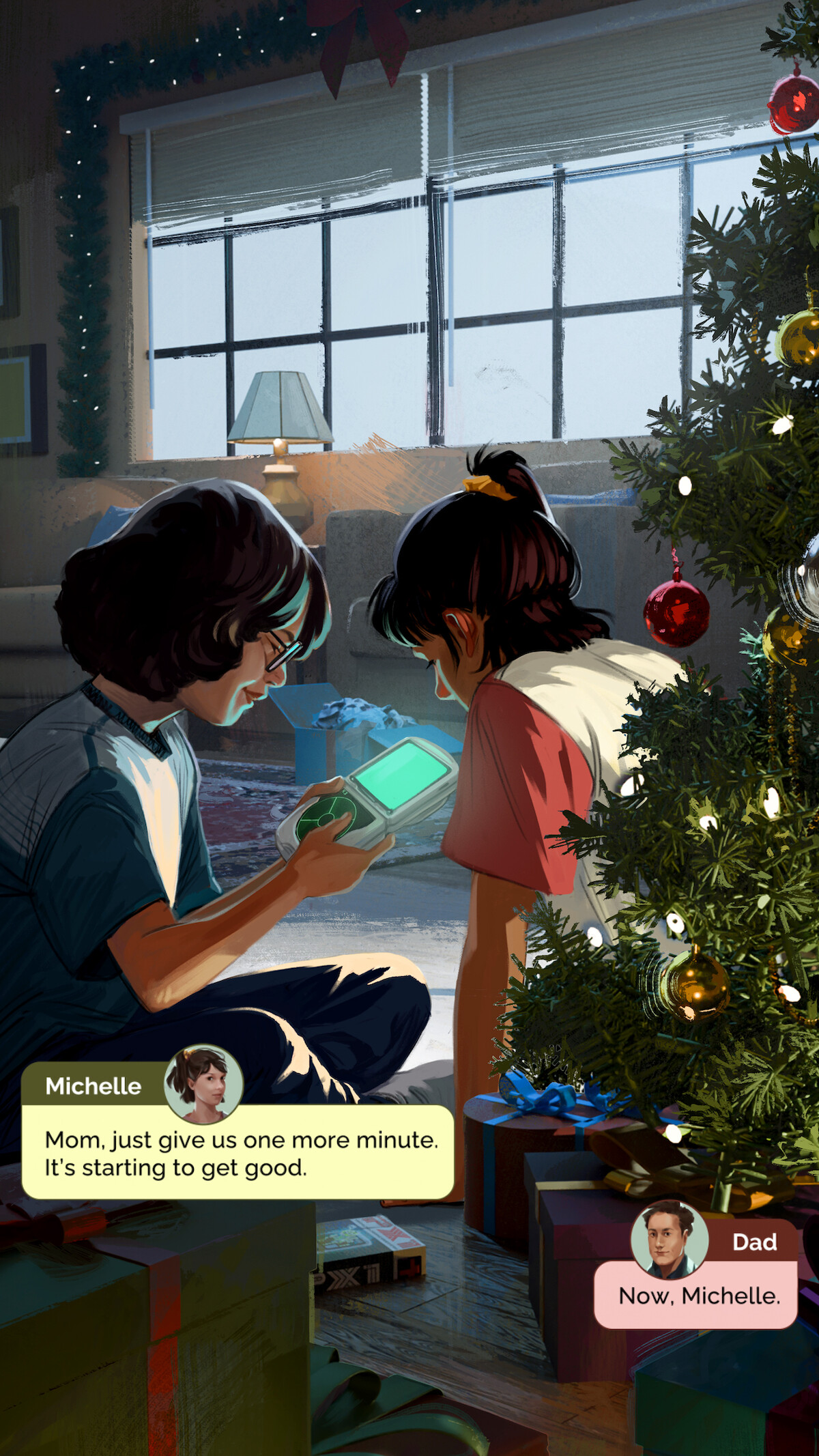 A Christmas scene shows two kids sitting near a tree, engrossed in a handheld game console. Wrapped presents are nearby. A text overlay shows a conversation between "Michelle" and "Dad."