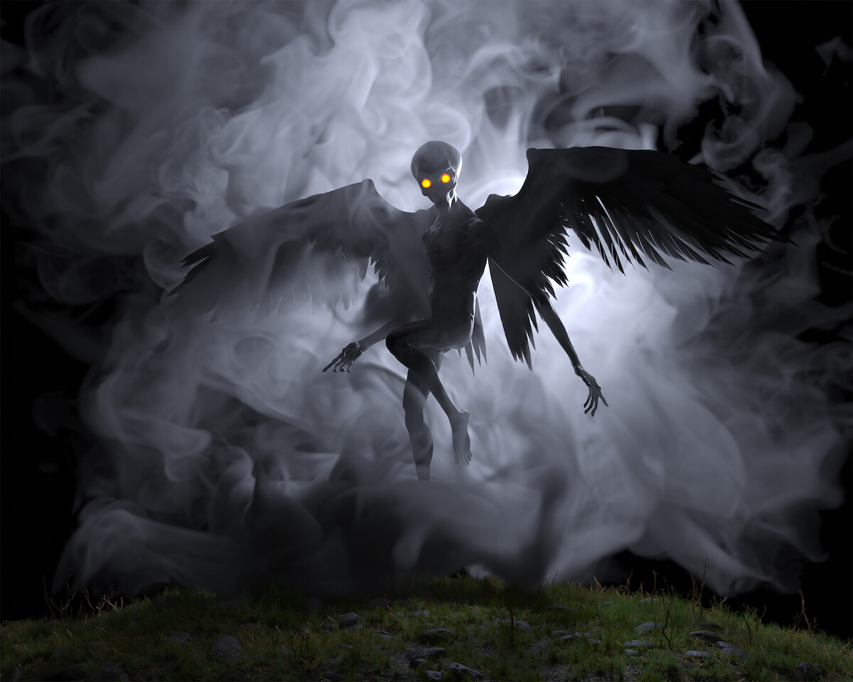 Illustration of The Mothman in a cloud of mist.