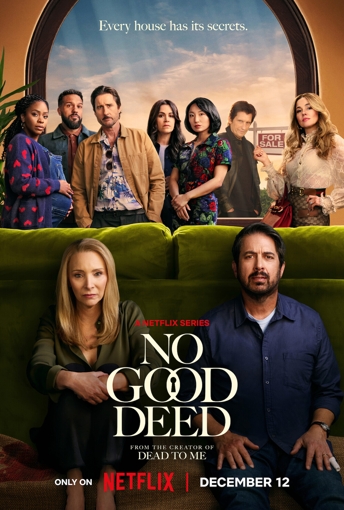 Key art for ‘No Good Deed’ featuring Lisa Kudrow as Lydia and Ray Romano as Paul hiding behind a couch in Season 1 of ‘No Good Deed’