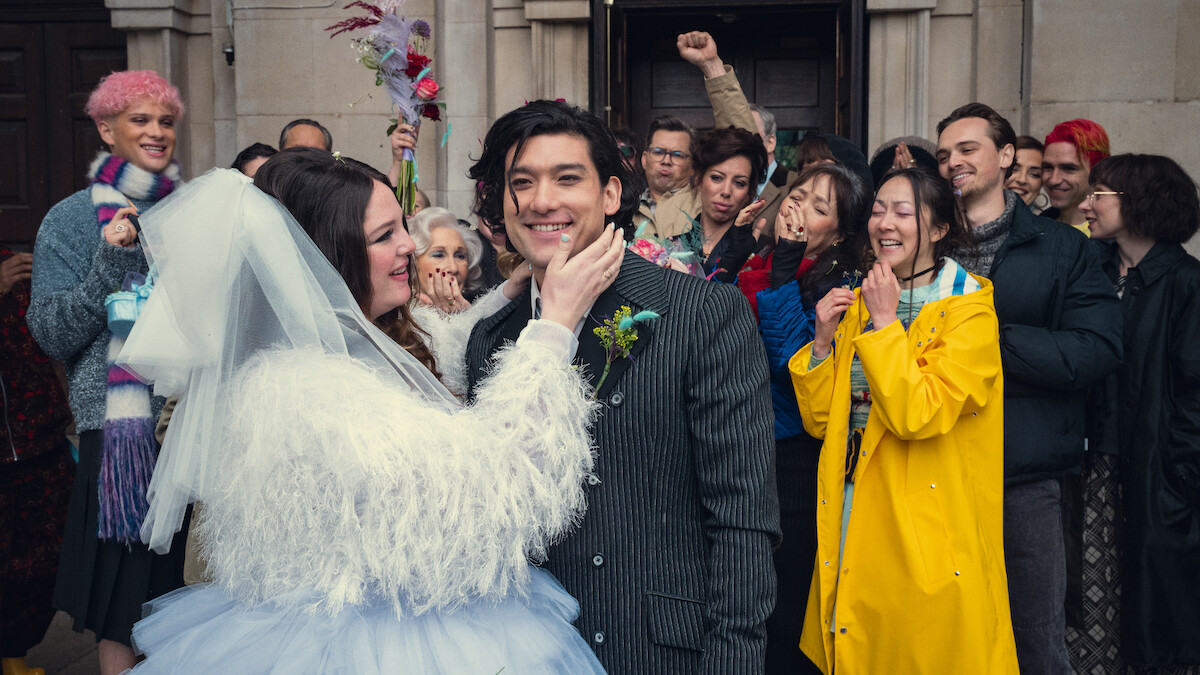 Megan Stalter as Jessica, Will Sharpe as Felix as their wedding guests look on in ‘Too Much’