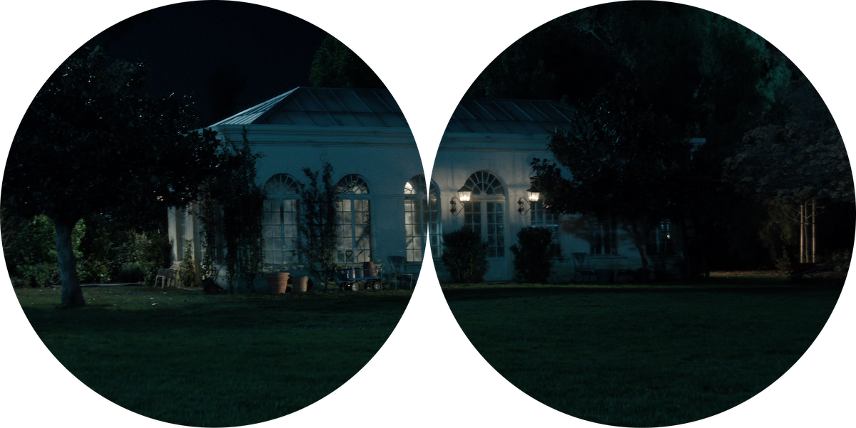 The garden shed shown through binocular lens.