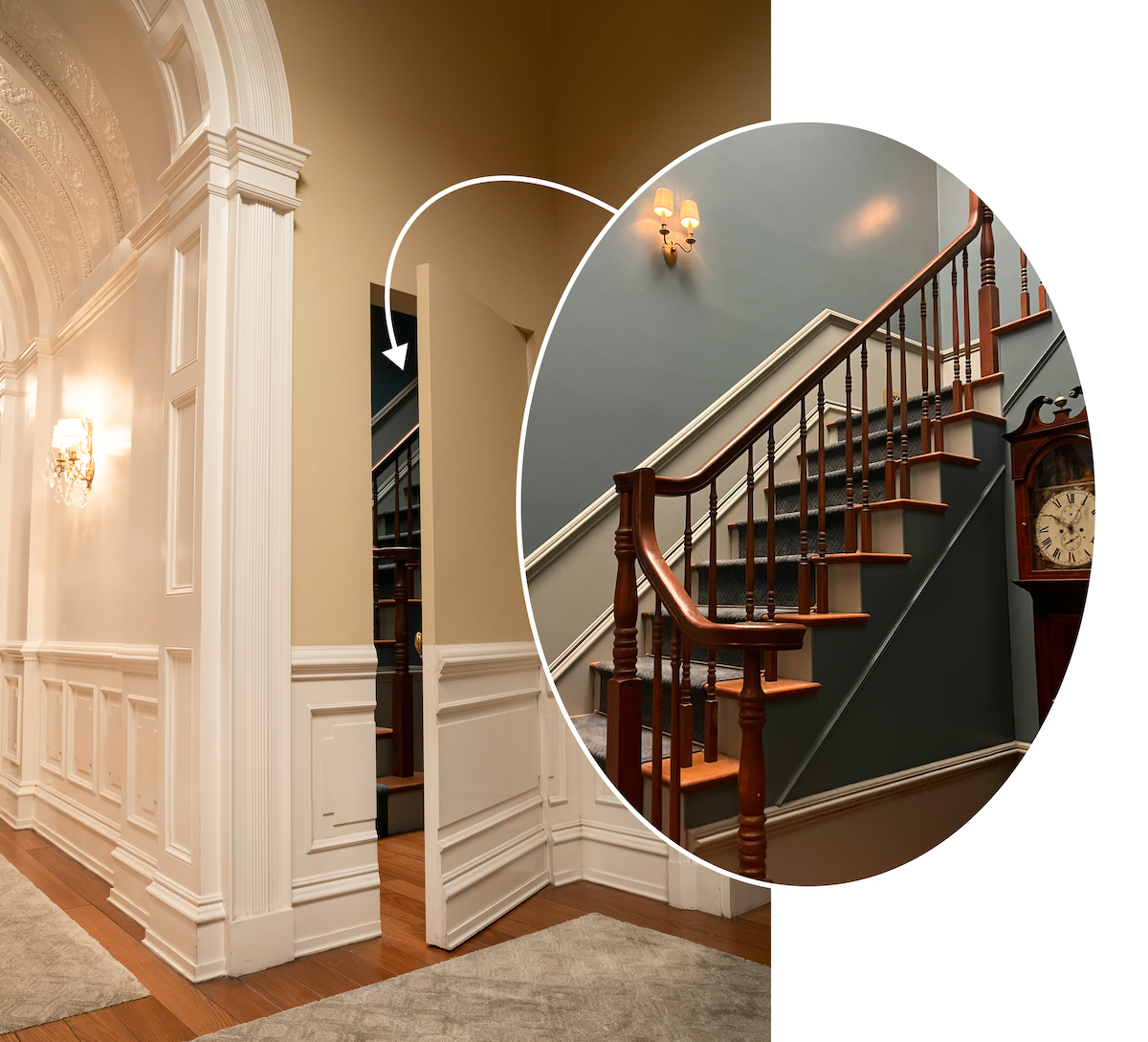 Photo of location of secret staircase and inset of what the staircase looks like in a circle