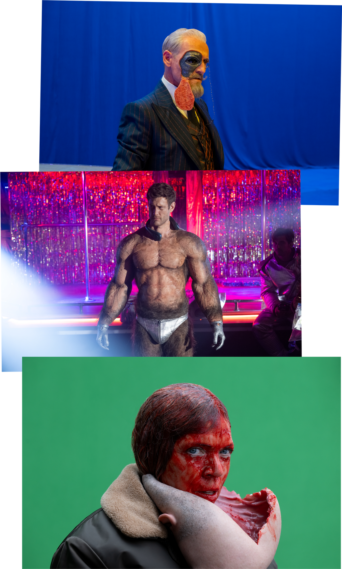 Colm Feore as Reginald Hargreeves, Tom Hopper as Luther Hargreeves, and Liisa Repo-Martell as Abigail of ‘The Umbrella Academy’ series posing in their special effects costumes behind the scenes during production.