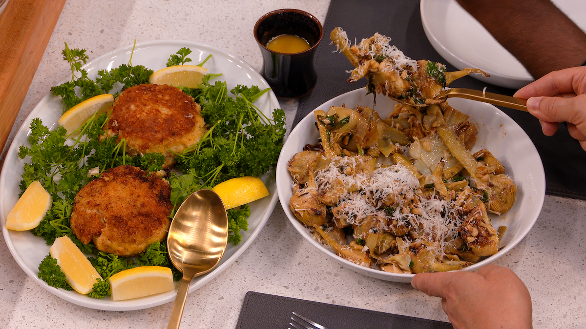 David Chang’s Crab Cakes with Warm Artichoke and Ramp Salad