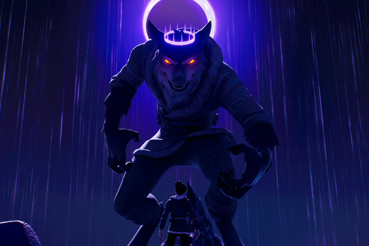A giant menacing wolf-like creature with glowing red eyes and a glowing halo stands towering over a small human figure in a dark, rainy, otherworldly environment with dramatic purple-blue lighting.