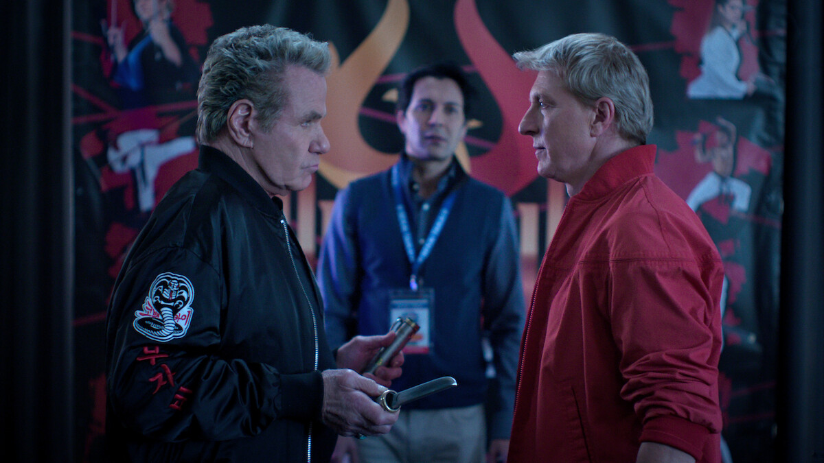 Martin Kove as John Kreese and William Zabka as Johnny Lawrence face off in Season 6 of ‘Cobra Kai.’