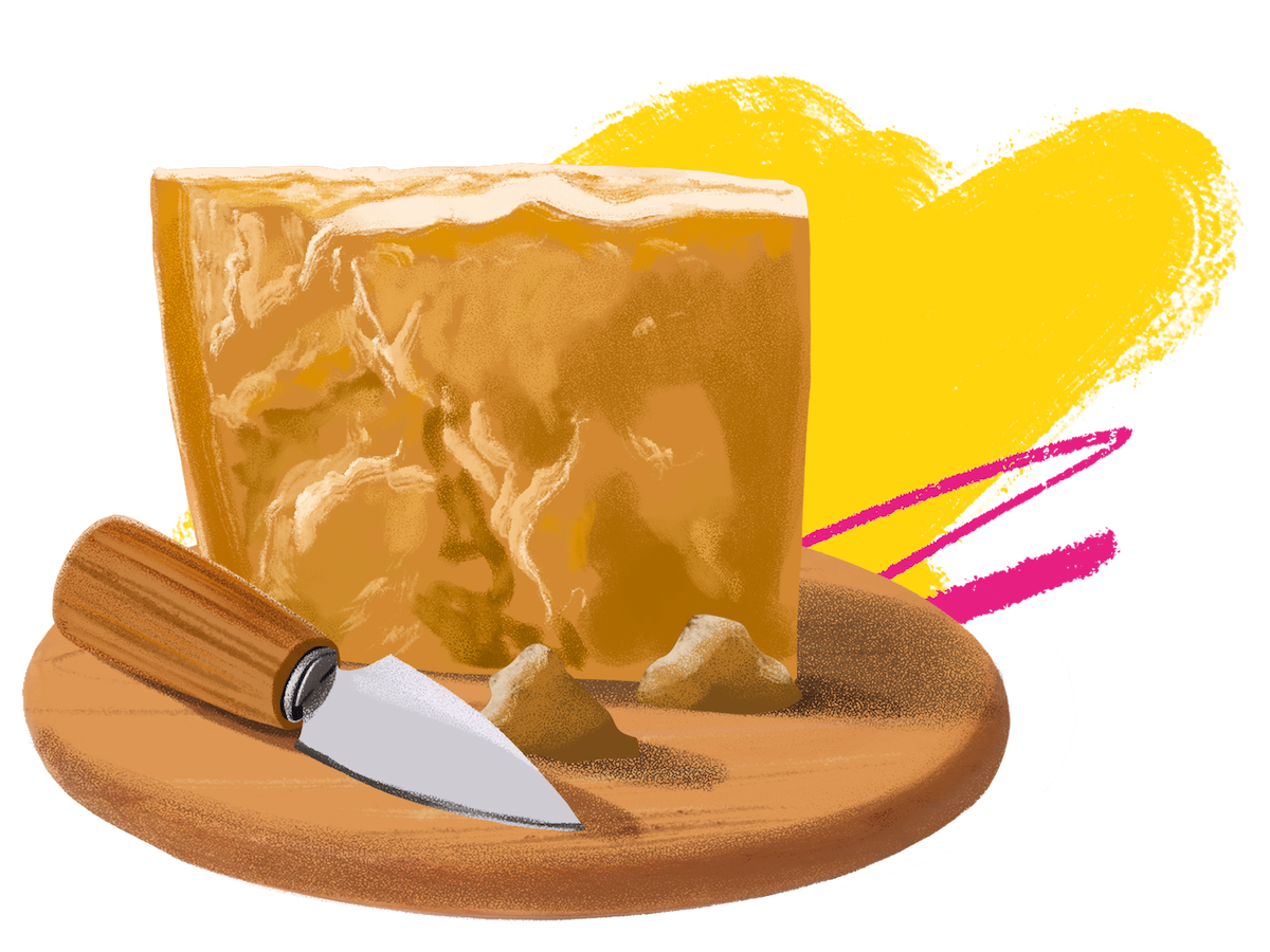 Illustration of a large wedge of cheese on a wooden board beside a cheese knife and small cheese crumbles, with bright yellow and pink abstract brushstrokes in the background.