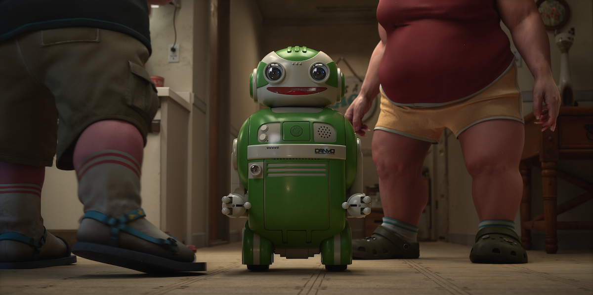 Animated still of a cheery green robot in the episode “The Other Large Thing” from ‘Love, Death + Robots’ Volume 4