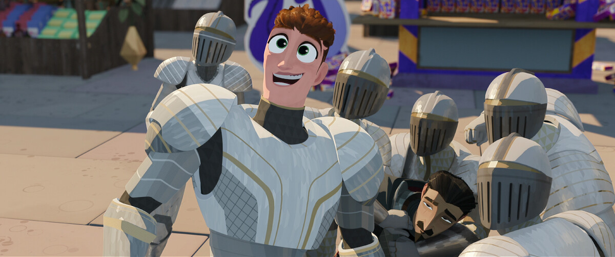Sir Thoddeus Sureblade turns away from a group of knights surrounding Ballister Boldheart in a still from ‘Nimona.’