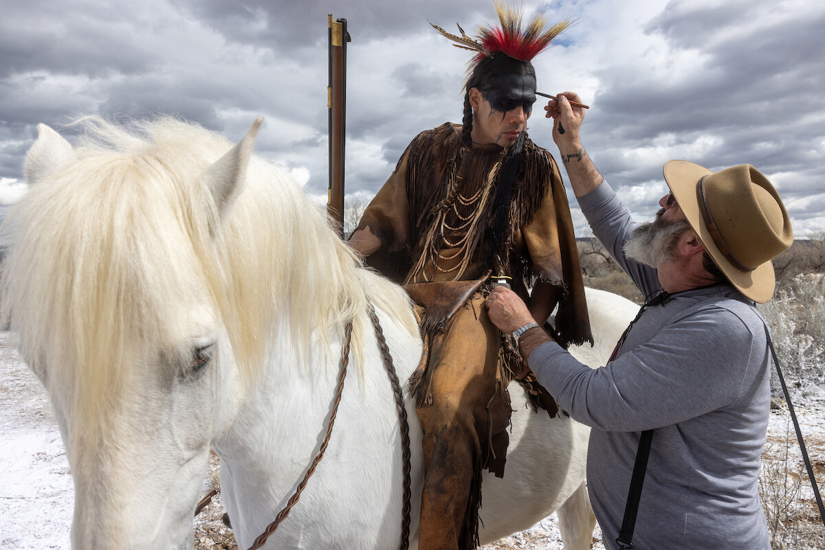 Derek Hinkey as Red Feather and makeup department head Howard Berger behind the scenes of ‘American Primeval’