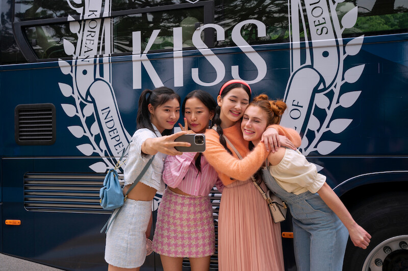 Sunny Oh as Mihee, Gia Kim as Yuri, Han Bi Ryu as Eunice and Jocelyn Shelfo as Madison in Season 1 of XO, Kitty. 