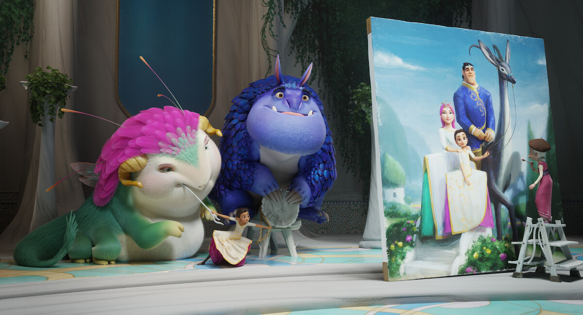 Two large creatures pose for a portrait with a human girl, while the artist paints three humans in 'Spellbound'