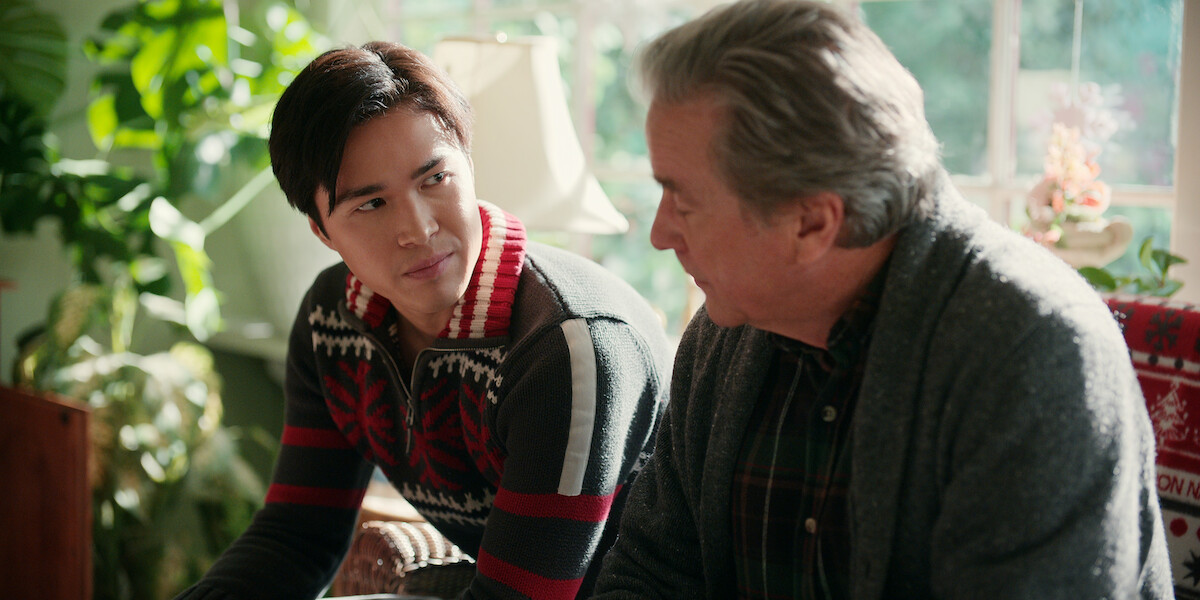 Kai Bradbury as Denny and Tim Matheson as Doc Mullins sit on a couch for a conversation in Season 5 of ‘Virgin River’