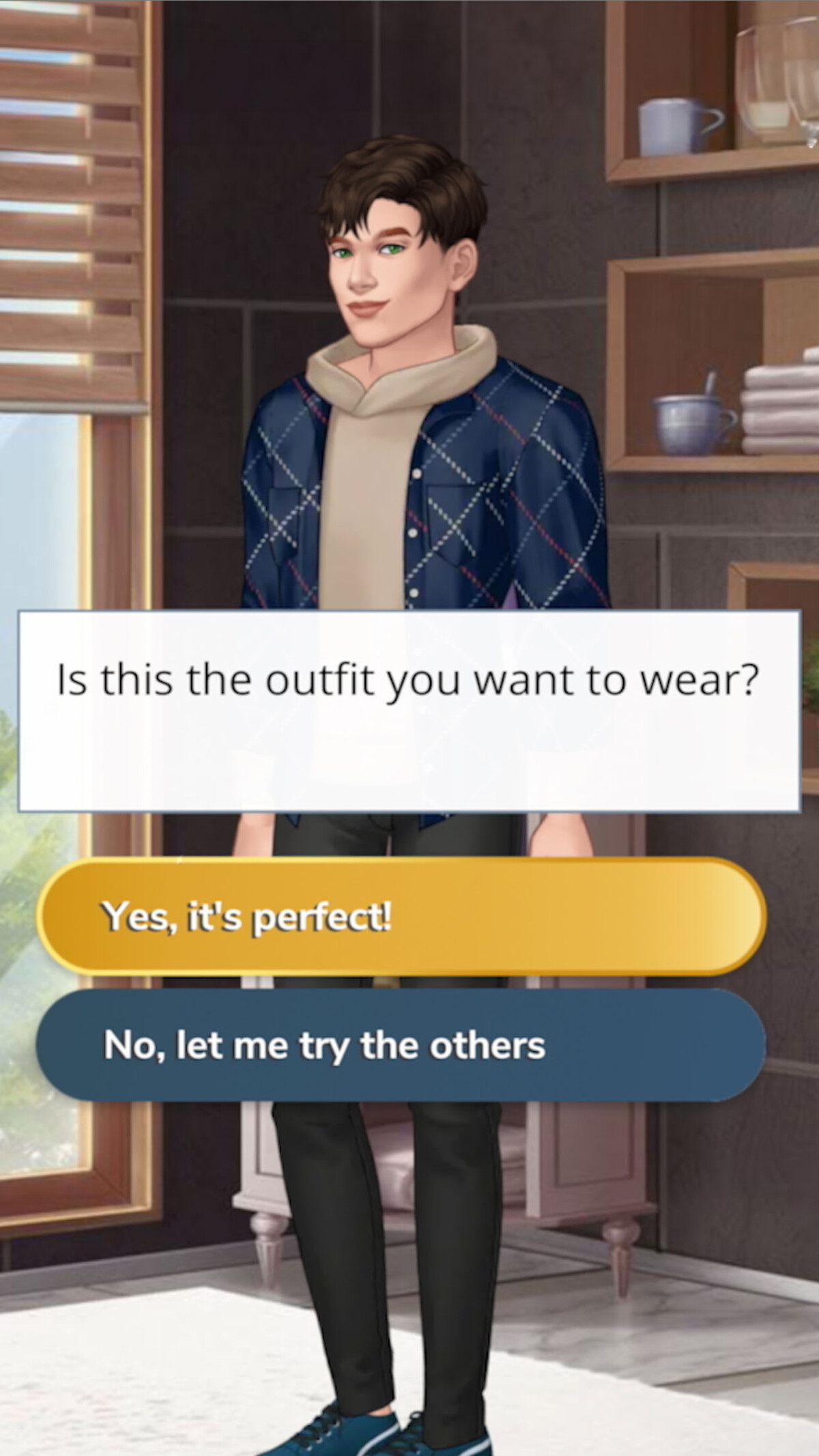 An in-game screenshot from the mobile game ‘Secrets by Episode,’ featuring a man with fashion customization options. There is a text bubble that reads: “Is this the outfit you want to wear?” and two options underneath: “Yes, it’s perfect!” and “No, let me try the others.”