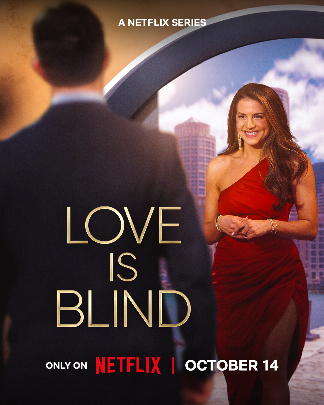 A man in a suit faces a smiling woman in a red dress through an archway in a city setting, with the text "Love Is Blind" and release info for the Netflix series.