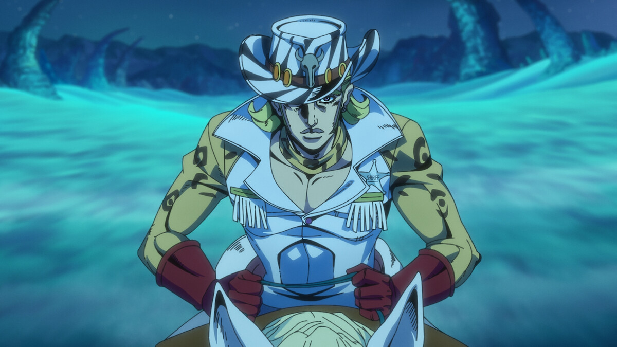 Armored anime warrior kneeling in a glowing, blue, mystical environment with swirling energy and dramatic lighting, suggesting a tense or powerful moment in a fantasy setting.