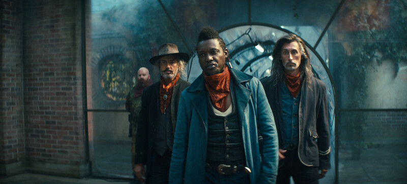 Josh Randall as Hulk, Tawanda Manyimo as Dutch and Daniel Watterson as Voss in Season 2 of Sweet Tooth.