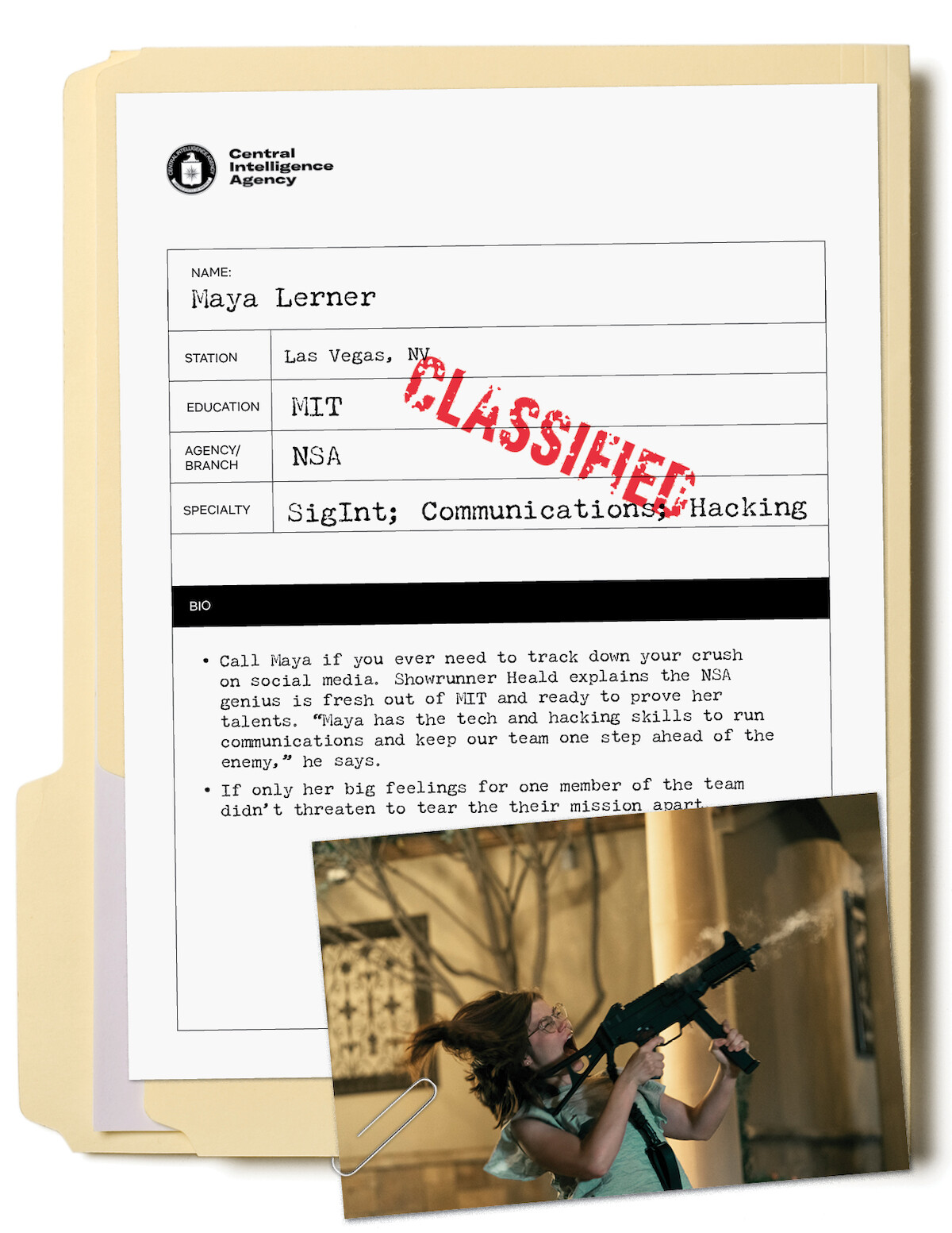 A dossier file for Maya Lerner