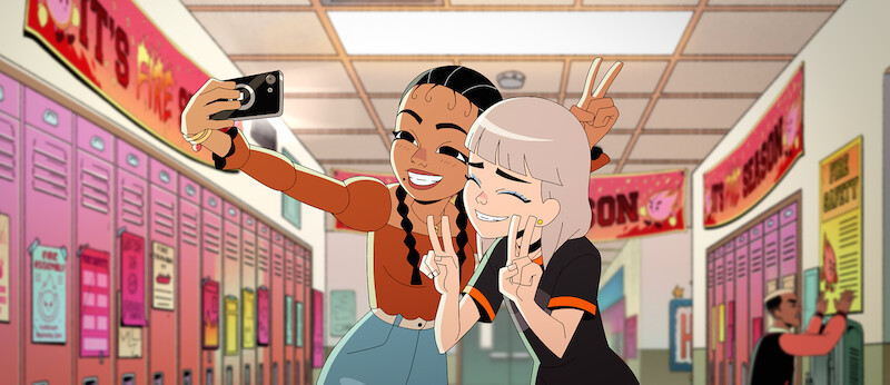 Cristina Milizia as Stella and Ali Wong as Jentry take a selfie together in 'Jentry Chau vs. the Underworld'