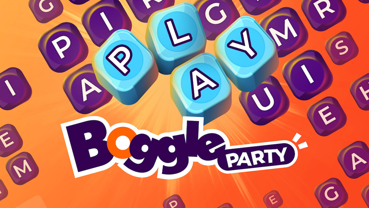 Colorful Boggle Party game graphic with floating lettered tiles, the word “PLAY” highlighted in blue, vibrant orange background, playful and energetic mood.