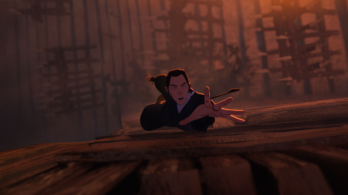 Mizu, voiced by Maya Erskine, climbs a wall in ‘Blue Eye Samurai’ Season 2.