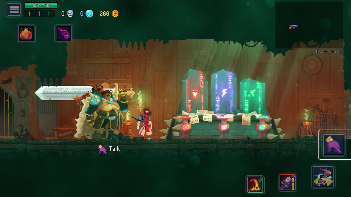 A video game scene showing a character in front of a vendor holding a large sword, with various glowing upgrade stations on the right. The environment is dark and filled with mysterious artifacts.