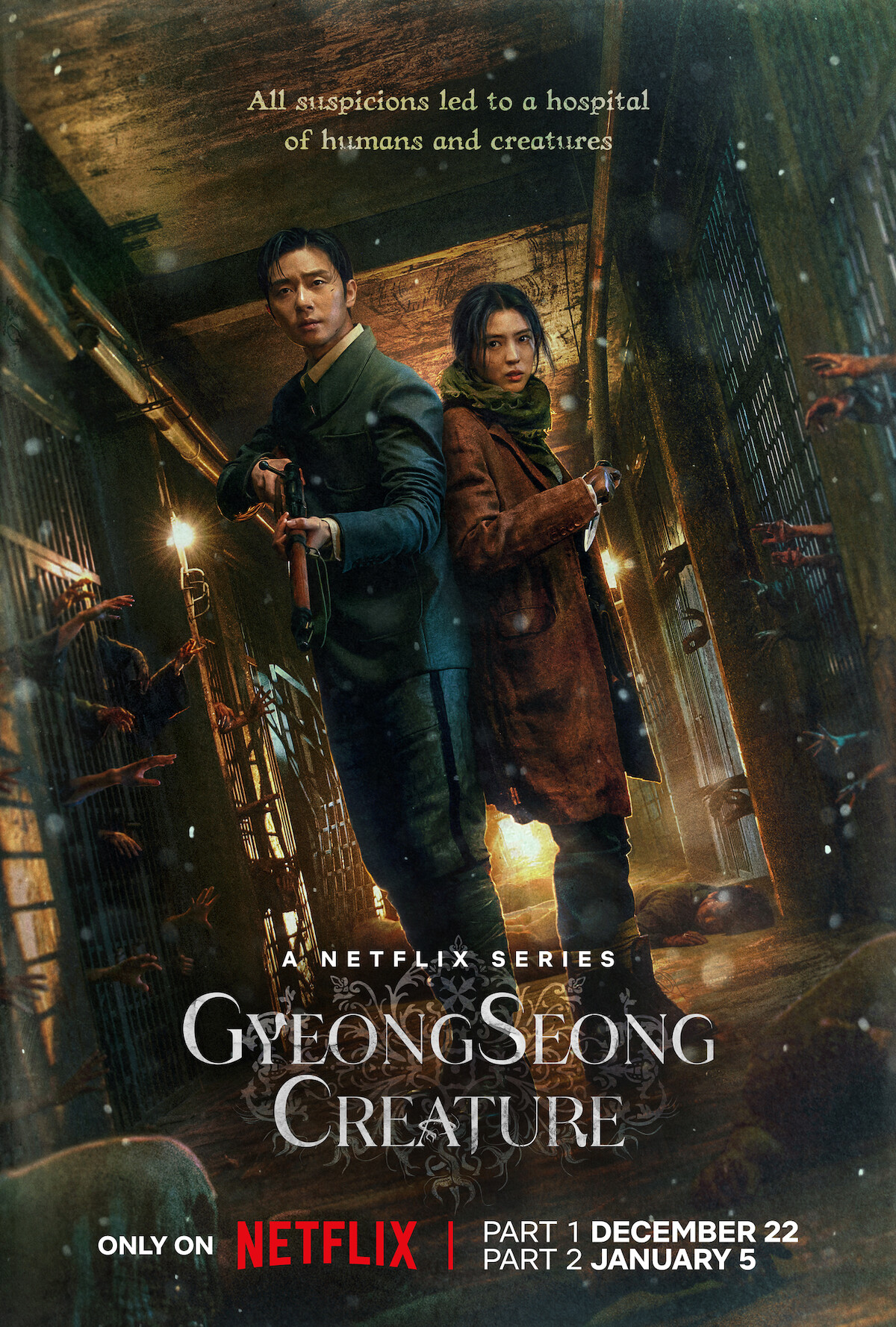 Key art for Season 1 of ‘Gyeongseong Creature,’ featuring Park Seo-jun as Jang Tae-sang and Han So-hee as Yoon Chae-ok.