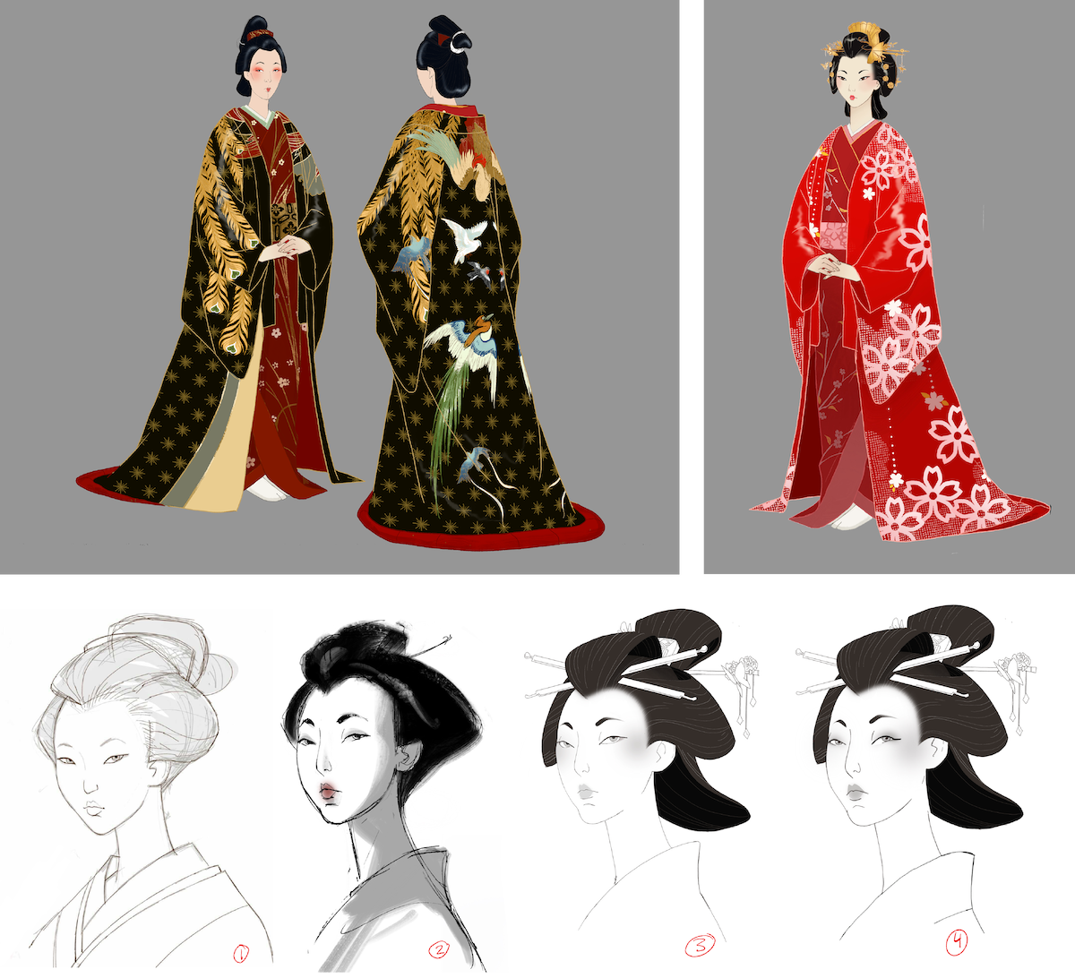 Costume sketches of animated characters in ‘Blue Eye Samurai’