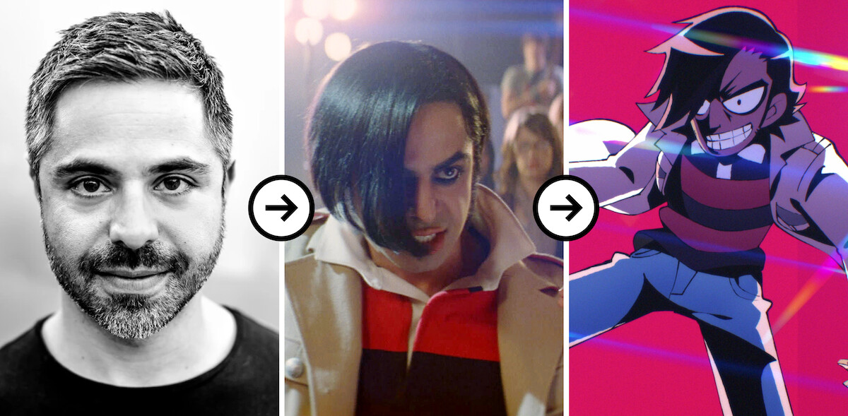 Triptych of images showing a headshot of Satya Bhabha, Satya Bhabha as Matthew Patel in ‘Scott Pilgrim vs. The World,’ and Satya Bhabha as Matthew Patel in ‘Scott Pilgrim Takes Off’