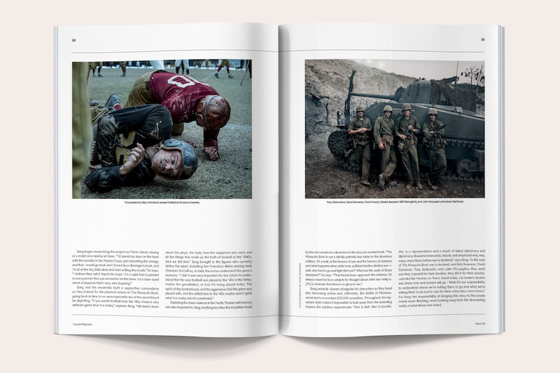 Open magazine spread featuring two photos: on the left, two athletes wrestling on grass in sports uniforms, and on the right, a group of soldiers standing beside a military vehicle in a rugged outdoor setting.
