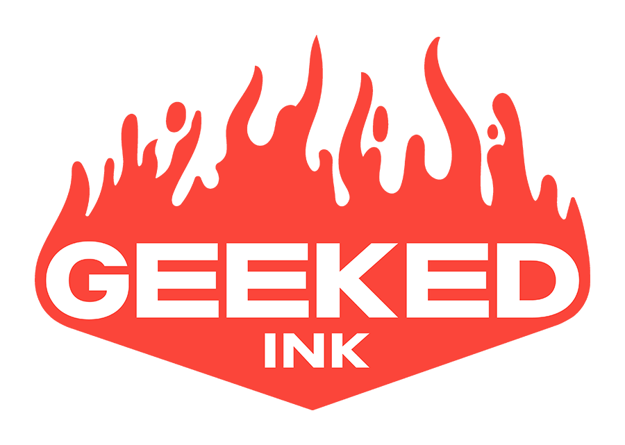 Geeked Ink illustration. Flames around the words geeked ink