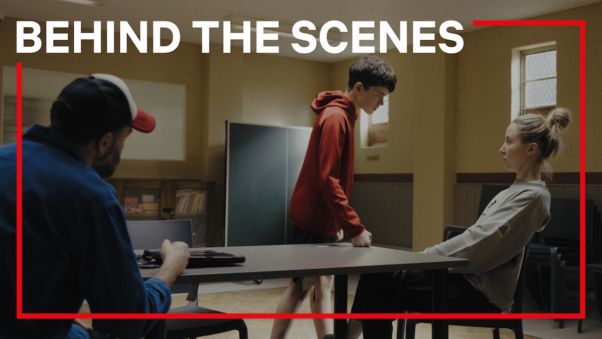 Owen Cooper as Jamie Miller, Erin Doherty as Briony Ariston, on the set of 'Adolescence'