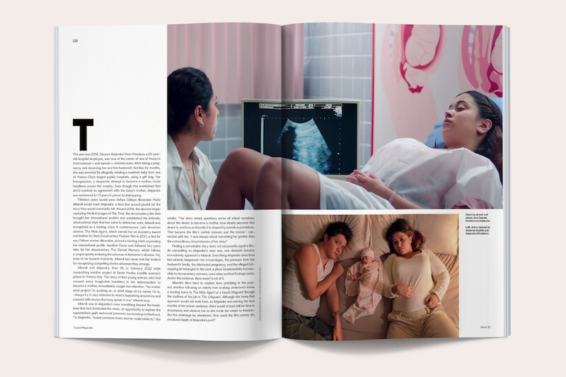 Magazine spread showing a pregnant woman getting an ultrasound in a medical clinic, and below, two women lying on a bed with a newborn baby, creating a warm, intimate family scene.
