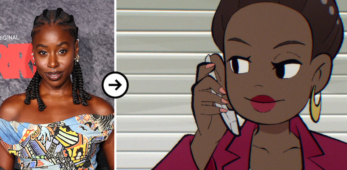 A diptych of images showing a headshot of Kirby Howell-Baptiste and Kirby Howell-Baptiste as Actress In a Show Within a Movie and in Season 1 of ‘Scott Pilgrim Takes Off’