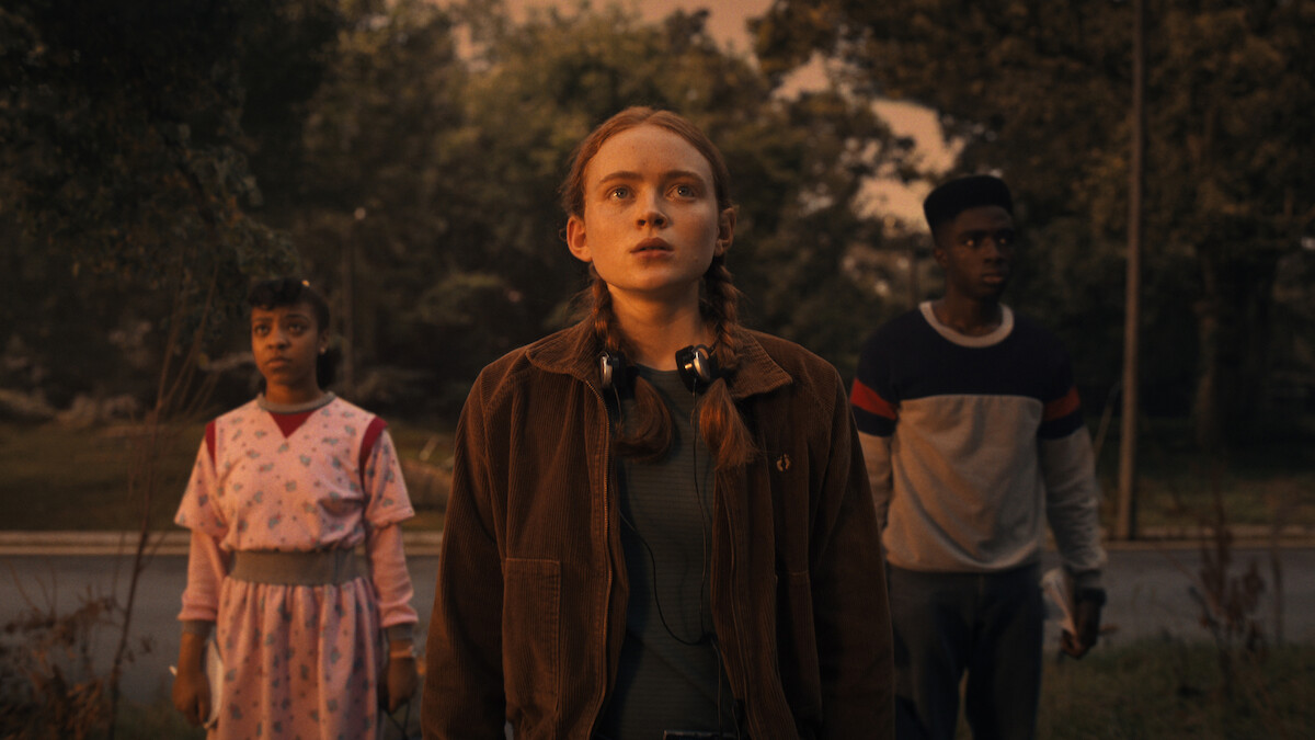 Priah Ferguson as Erica, Sadie Sink as Max and Caleb McLaughlin as Lucas in ‘Stranger Things 4’