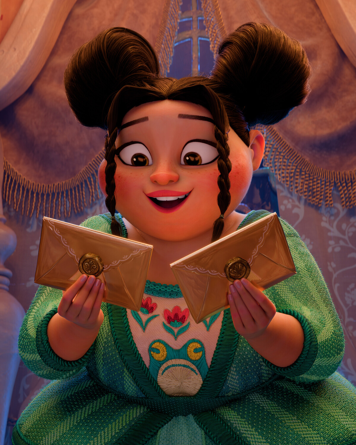 Animated girl in green dress holding two sealed envelopes, smiling excitedly in a richly decorated room with curtains and patterned walls, soft warm lighting enhancing a cheerful atmosphere.