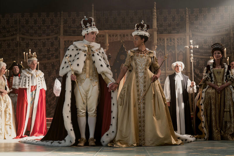 Corey Mylchreest as young King George and India Ria Amarteifio as young Queen Charlotte.