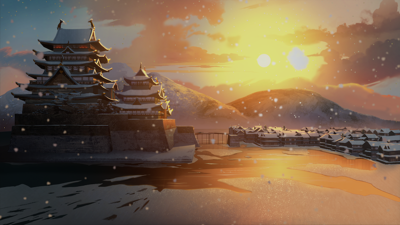 Sunset scene with castle in the foreground.