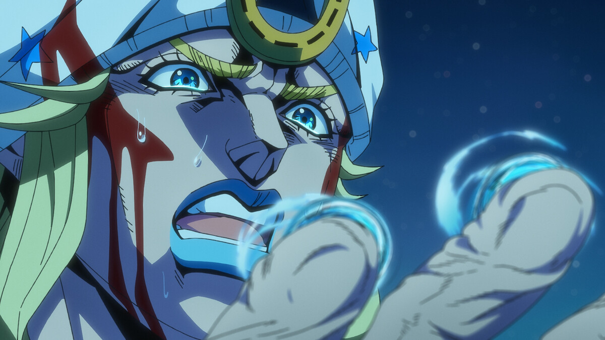 Animated character with long blonde hair, battle face paint, and headpiece grimaces, wounded and determined, while summoning or manipulating glowing bubbles in a dramatic nighttime outdoor scene.