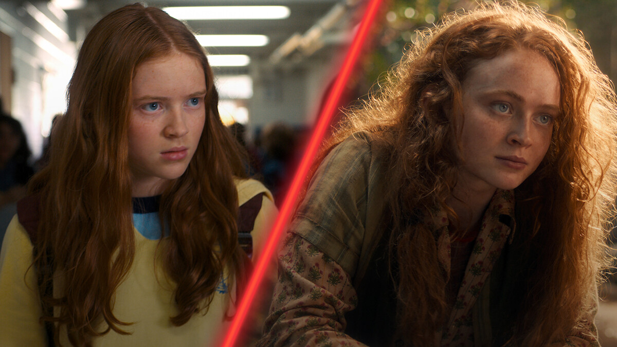 Diptych of Sadie Sink as Max Mayfield in ‘Stranger Things’ Season 1 and Season 5.