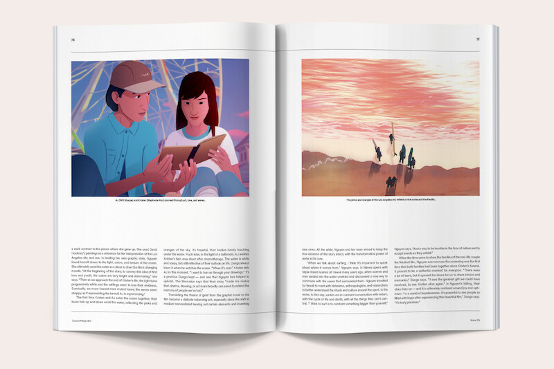 Magazine spread with two illustrated images: left shows two people reading a tablet indoors, right shows a group hiking outdoors at sunset. Both pages contain descriptive text below each image and article text beneath.