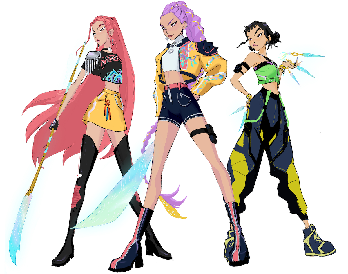 Sketch of Mira, Rumi, and Zoey from 'KPop Demon Hunters' with futuristic weapons and colorful, modern outfits stand together in a dynamic pose against a white background.