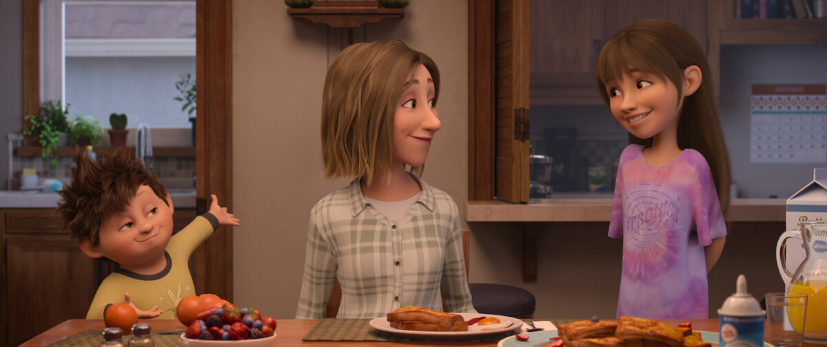 Elliot, Mom and Stevie, the animated characters at the heart of the film, sit at the breakfast table.