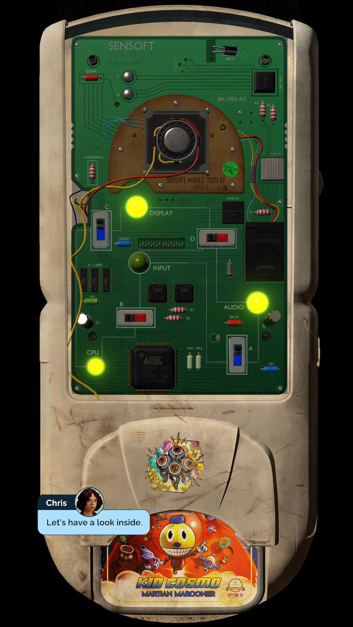 A vintage handheld gaming console with its front panel removed reveals a detailed circuit board. A game cartridge, "Kid Cosmo: Martian Marooner," is inserted. A text overlay from "Chris" reads, "Let's have a look inside."