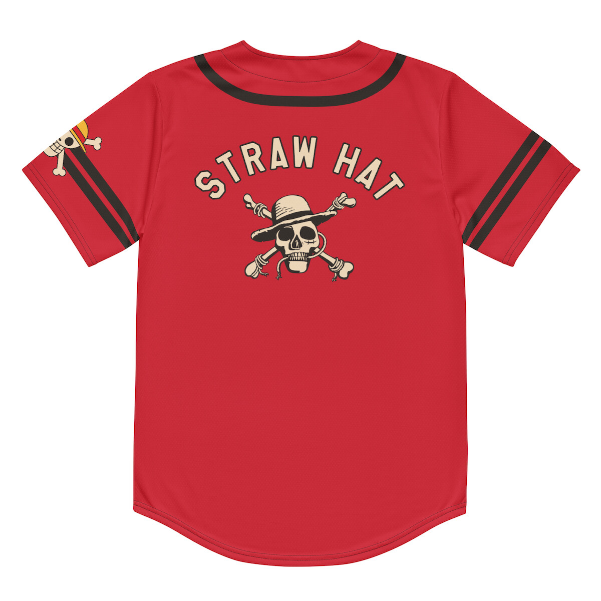 Red baseball-style jersey with black stripes, featuring a skull and crossbones wearing a straw hat and the words "Straw Hat" on the back. Pirate-themed design.